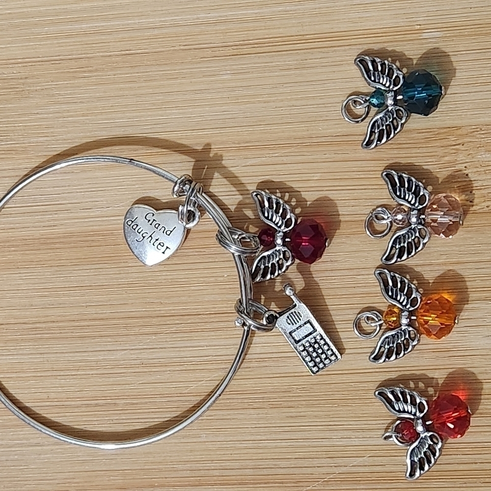 Handmade Birthstone Bracelet Adjustable Bangle Granddaughter Silver Angel Charm